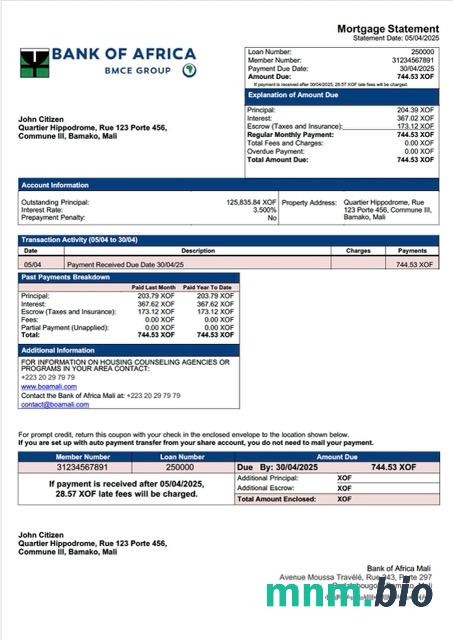 Mali Bank of Africa Mali wyciąg z kredytu hipotecznego szablon Word i PDF